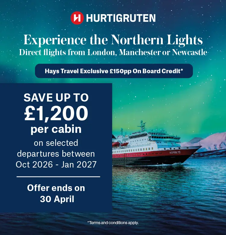 Experience the Northern Lights with Hurtigruten Norway Coastal, and enjoy £150pp Hays Travel Exclusive On Board Credit